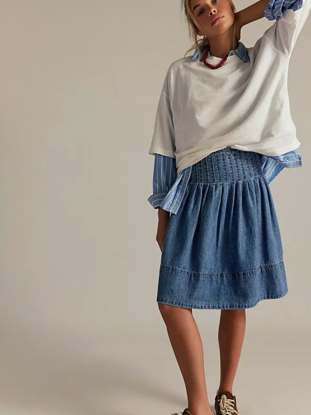 NWT Free People We The Free Peyton Pintuck A-Line Denim Midi Skirt Size 4